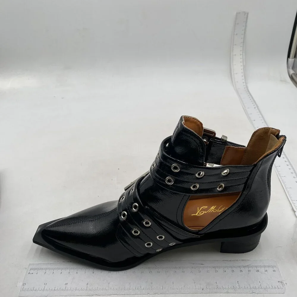 FOWT Black Pointed Toe Chelsea Chunky Heel Ankle Boot Hollow Cut Strappy Shoes - Picture 2 of 8
